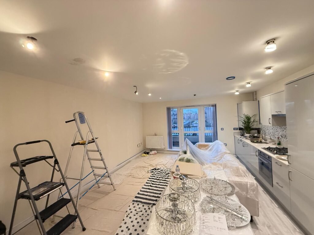 The same living room with new LED spotlights fitted and working