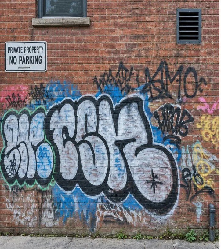 Brick wall covered in spray paint graffiti before laser cleaning
