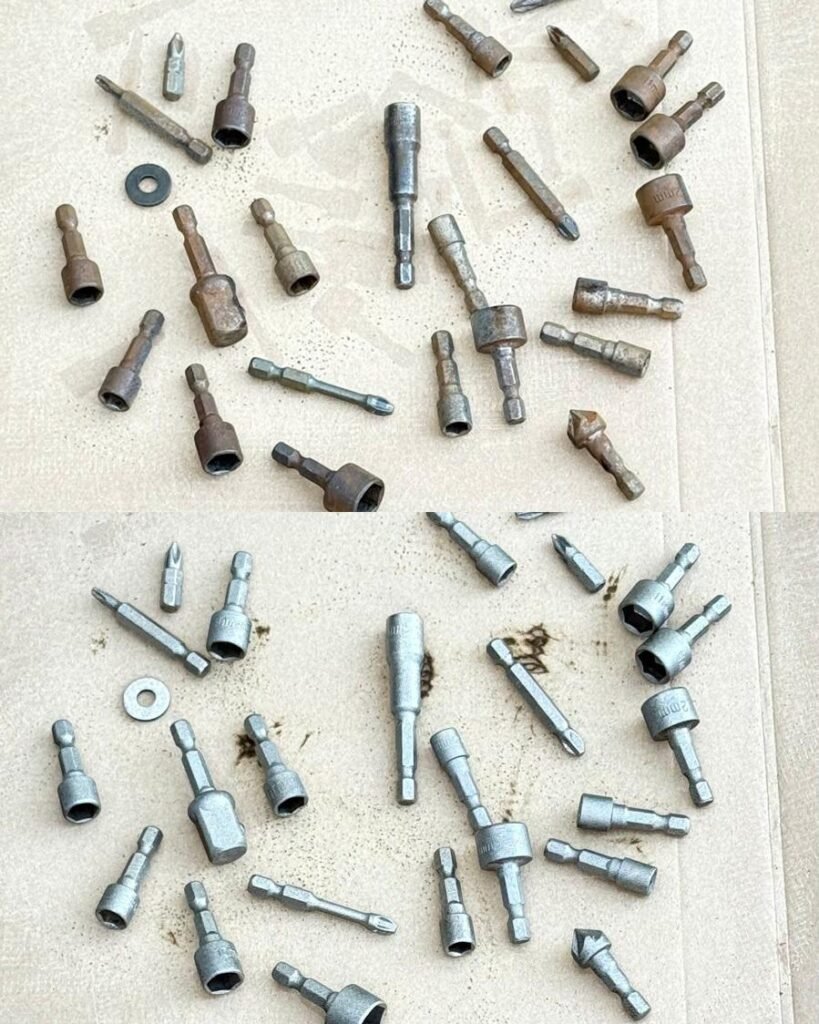 Line up of rusty driver bits above the same bits laser cleaned to bare steel