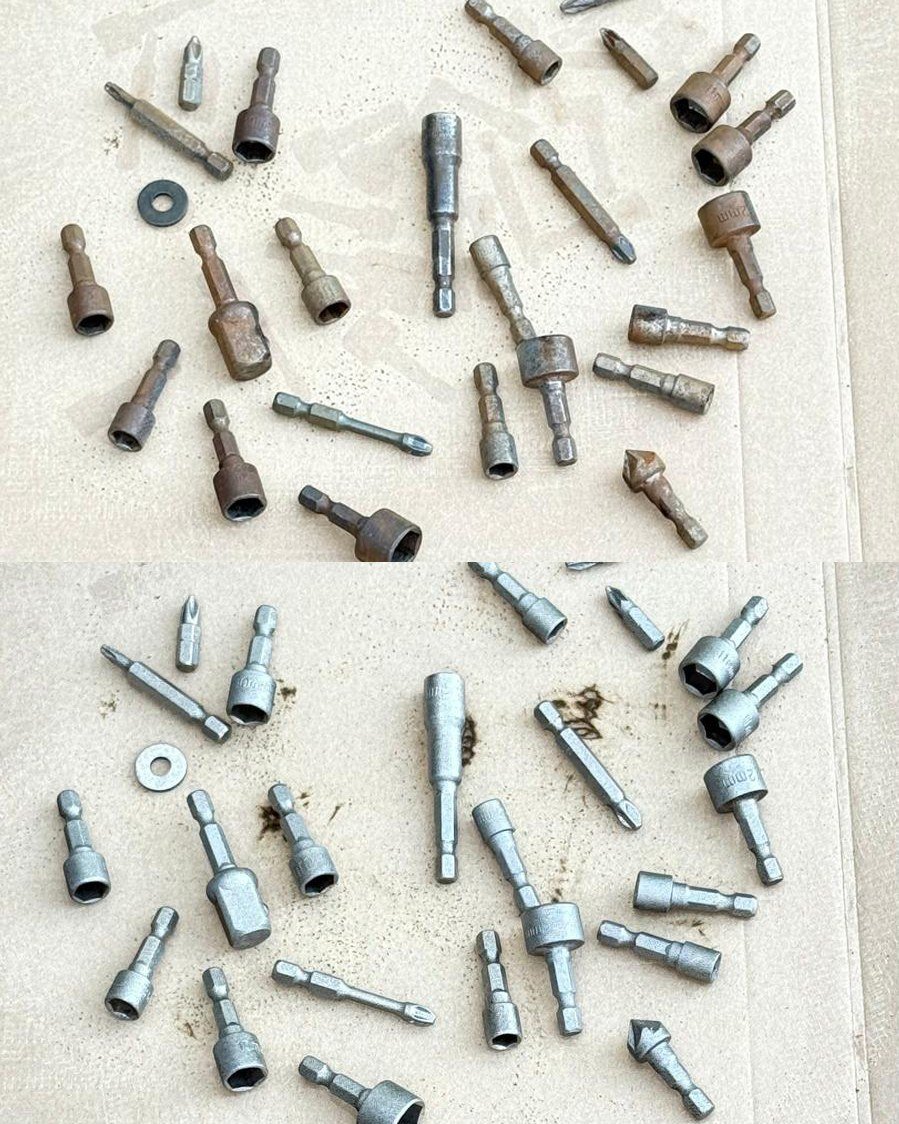 Line up of rusty driver bits above the same bits laser cleaned to bare steel