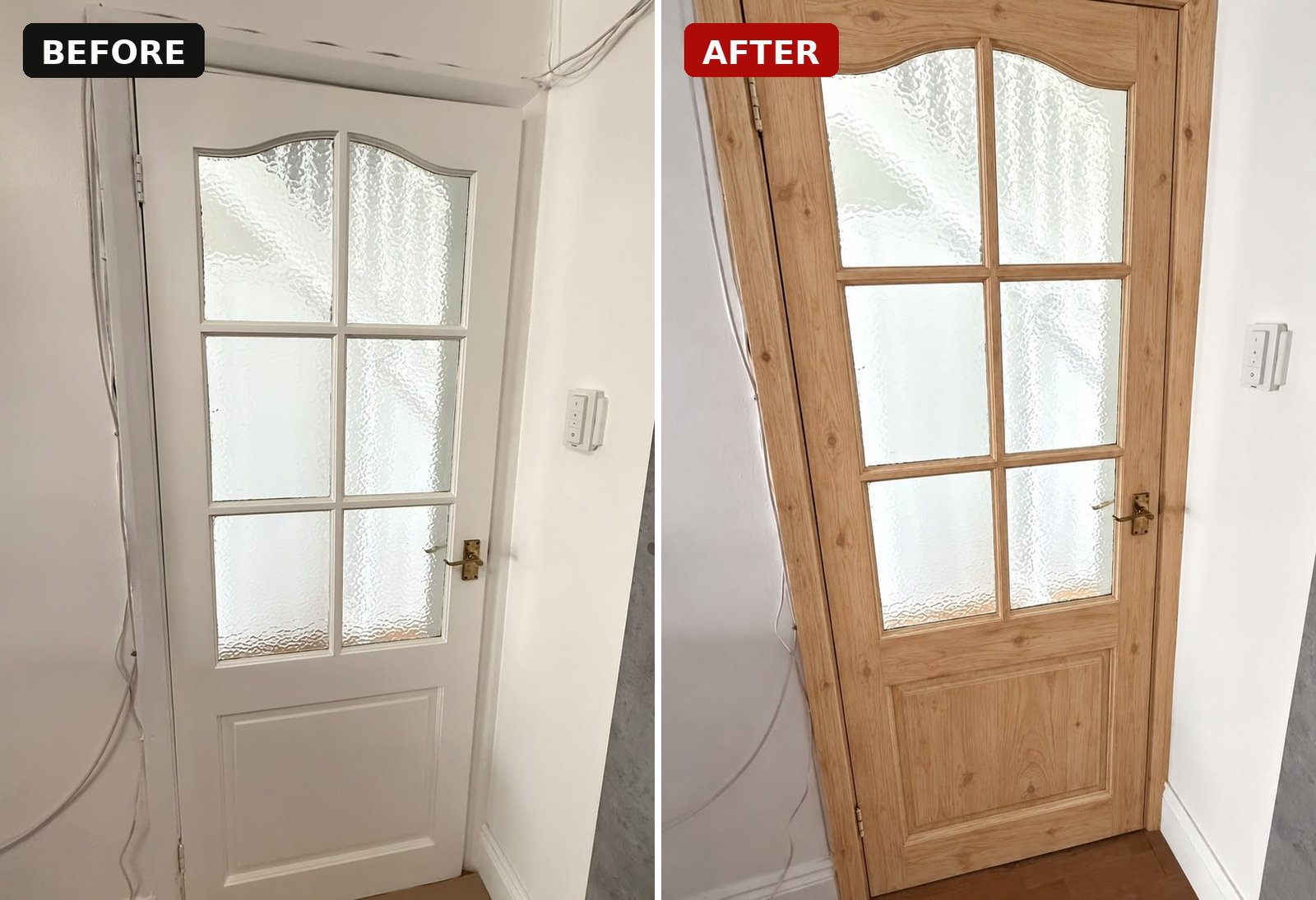 Internal door before and after laser paint removal, white paint stripped back to bare oak