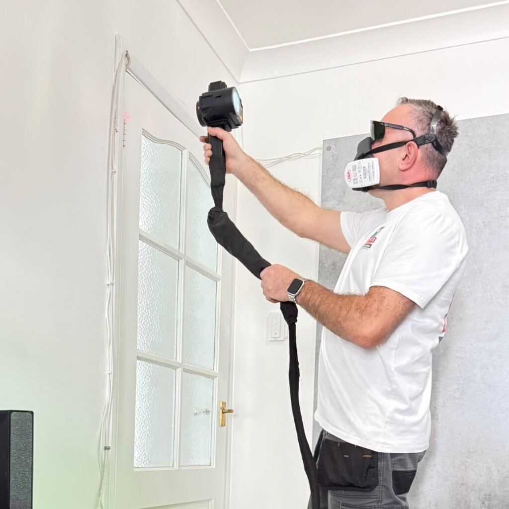 Pawel from Mr Fix It using a handheld laser cleaner on a painted door frame, wearing safety goggles and a respirator